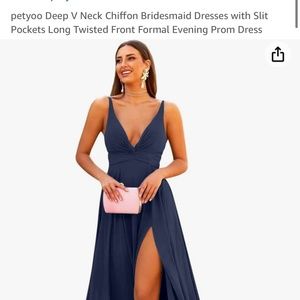 petyoo Deep V Neck Chiffon Bridesmaid Dresses w/ Slit Pockets Long Twisted Front